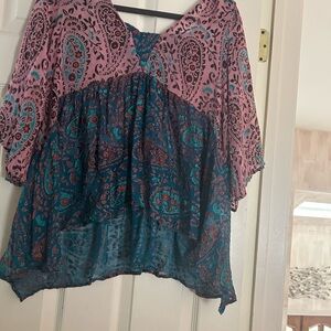 Paisley Mixed-Panel Burnout Peasant Tunic - Pink and Teal